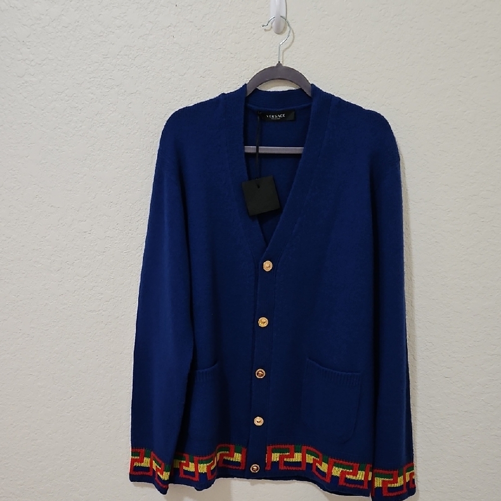 Versace Greca Jacquard Tape Wool Silk & Cashmere Cardigan NWT Size 52 Authentic